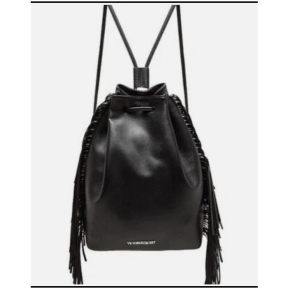 Victoria's Secret Black Ladies Drawstring Faux Leather Backpack - Picture 2 of 8